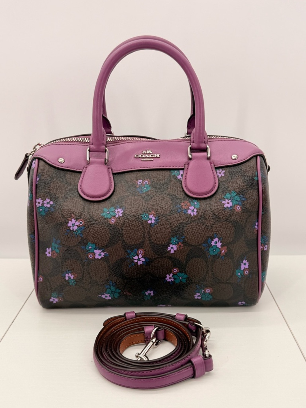 COACH Floral Signature Bennett Satchel Pink Leather Trim Crossbody Bag